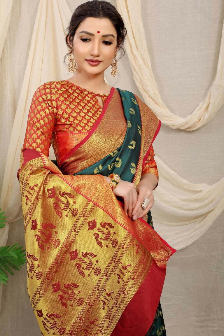Jyoti Fashion Women's Bottle Green Banarasi Silk Zari Woven Saree with Blouse | Swadesiicart