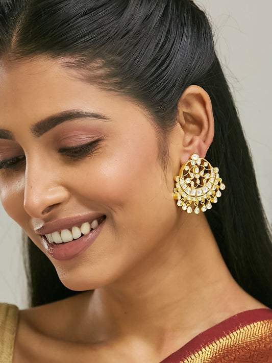 Nuyug 22K Gold-Plated Kundan Stone Studded & Pearl Beaded Moon Chandbalis | Swadesiicart