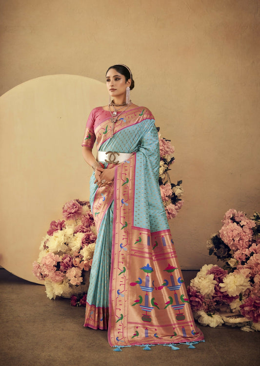 Vishnu Weaves Women's Firozi Paithani Silk Saree with Blouse - Swadesiicart