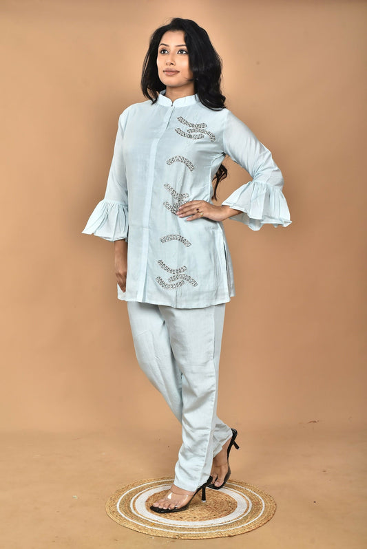 Morchari Women Hand Embroidery Co-Ords-Light Blue - Swadesiicart