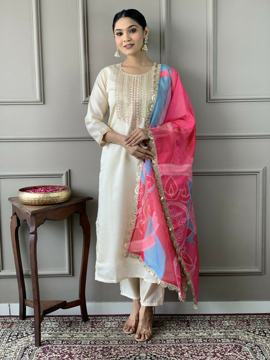 White Viscose Chanderi Stitched Suit With Dupatta - Tanisha | Swadesiicart