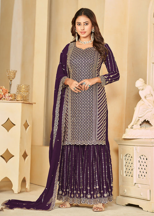 Mesmeric Purple Faux Georgette Palazzo Suit with Embroidery - Emponline | Swadesiicart