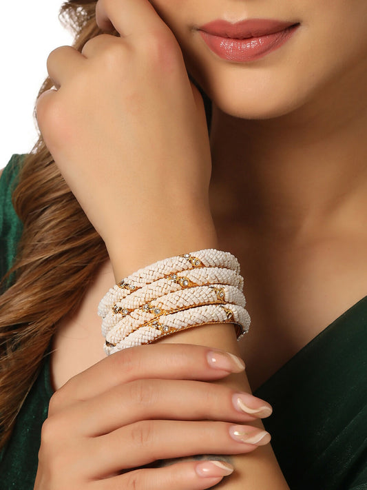 NVR Women Set of 2 Gold-Polished Traditional Pearls Beaded Bangles - NR Retail-NVR