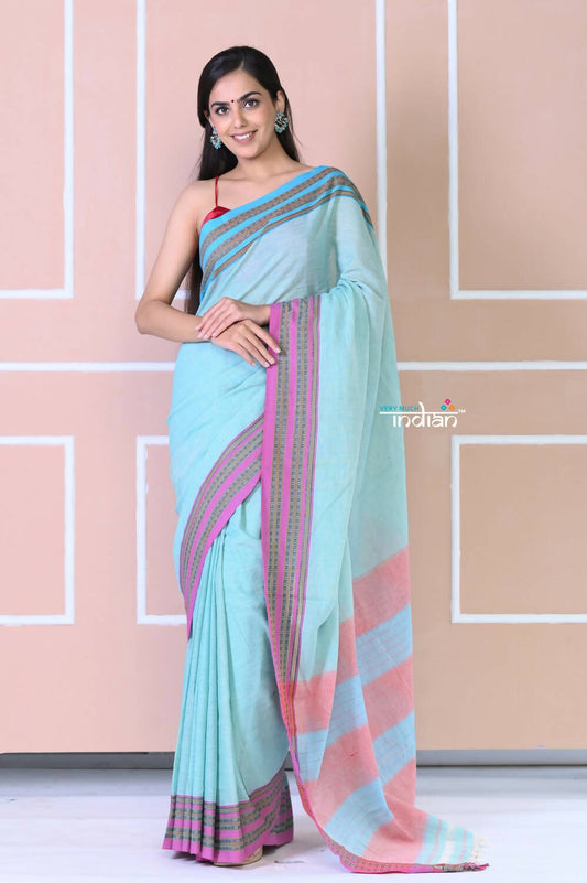 Very Much Indian Traditional Patteda Anchu Ilkal Handloom Saree - Sky Blue | Swadesiicart