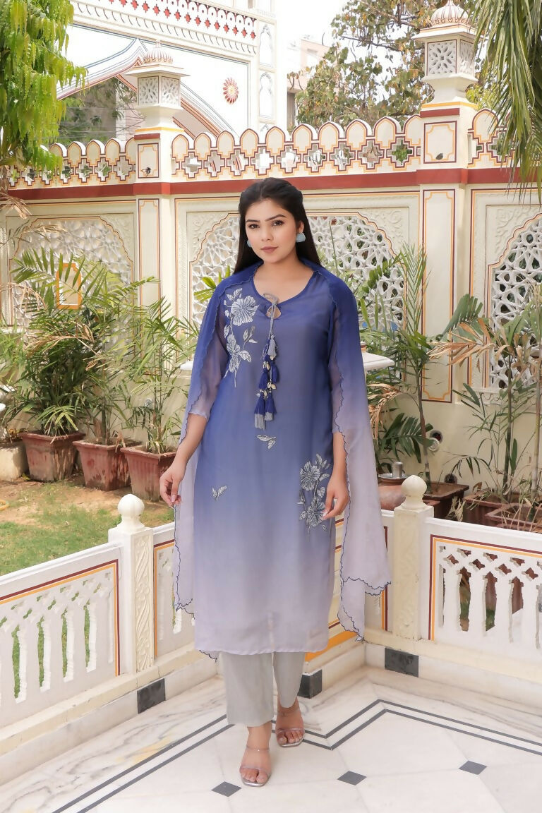 Vaasva Women Blue Tabby Slik Print & Embroidered Kurta, Pant & Dupatta Set | Swadesiicart