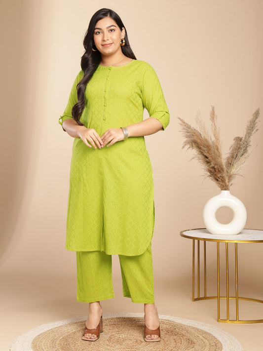 Janasya Regular Jacquard Lime Green Self Design Round Neck Co-Ords - Swadesiicart