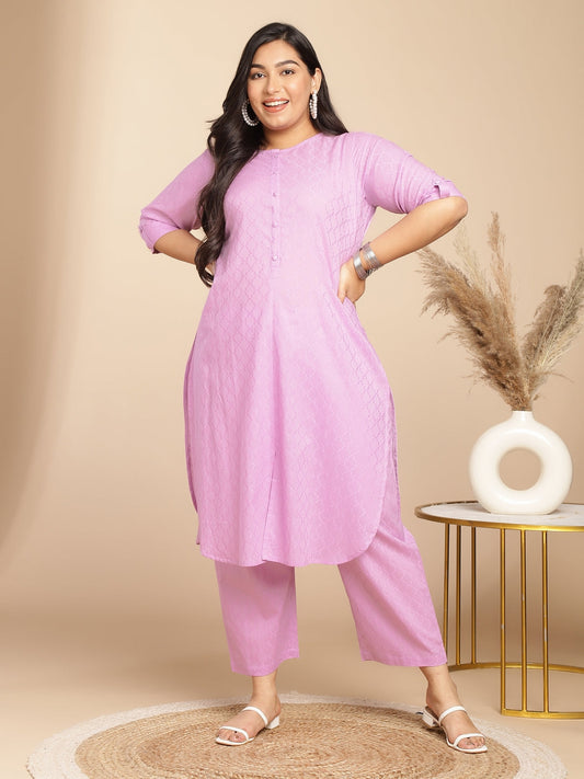 Janasya Straight Jacquard Lavender Self Design Round Neck Co-Ords - Swadesiicart
