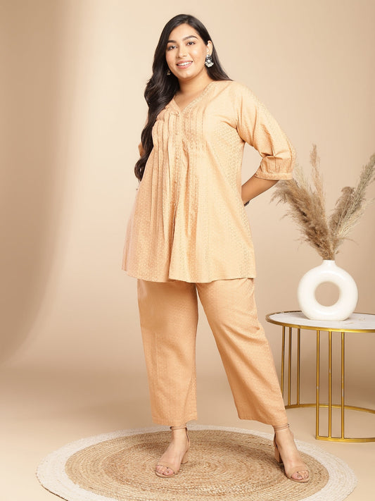 Janasya Pleated Jacquard Peach Self Design V-Neck Co-Ords - Swadesiicart