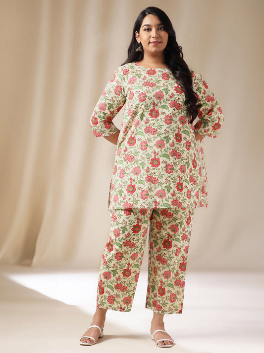 Janasya A-Line Cambric Off White Floral Round Neck Co-Ords - Swadesiicart