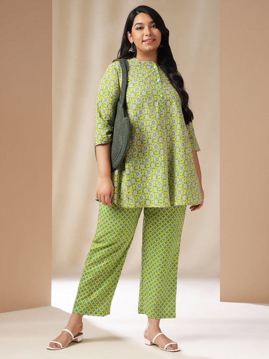 Janasya A-Line Cambric Lime Green Ethnic Motifs Band Collar Co-Ords - Swadesiicart