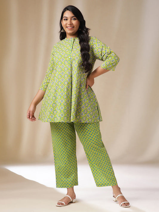 Janasya A-Line Cambric Lime Green Ethnic Motifs Band Collar Co-Ords - Swadesiicart