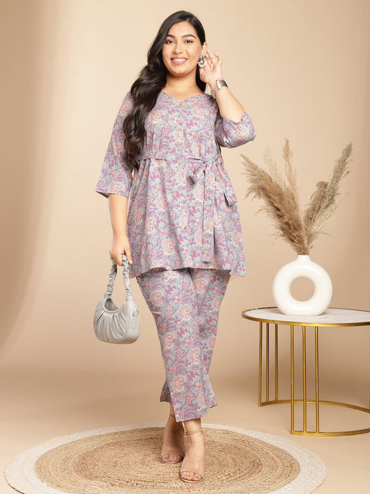Janasya A-Line Cambric Grey - V-Neck Co-Ords - Swadesiicart