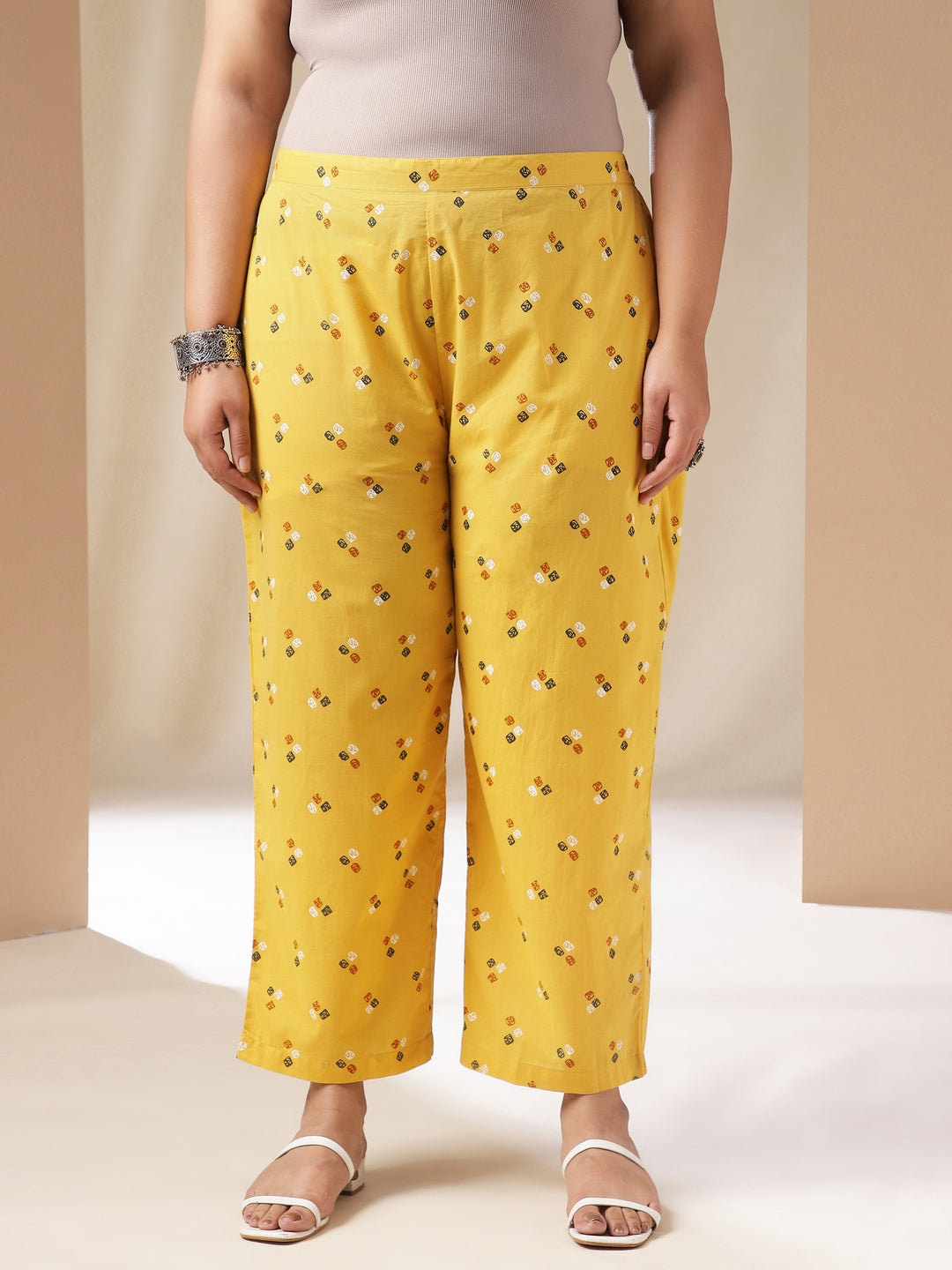Janasya Regular Cambric Mustard Geometric Band Collar Co-Ords - Swadesiicart