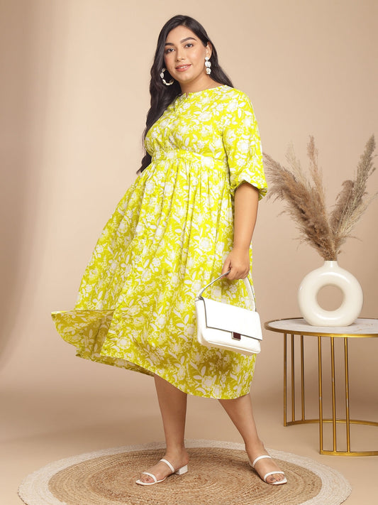 Janasya Gathering Cambric Lime Floral Round Neck Dress | Swadesiicart