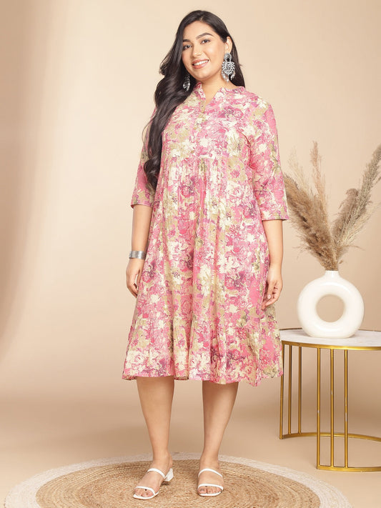 Janasya Gathered Cambric Pink Abstract Band Collar Dress | Swadesiicart