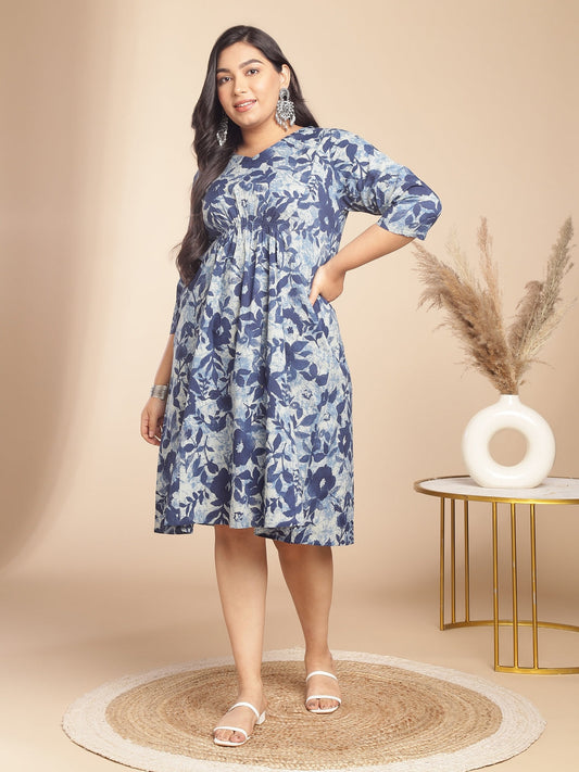 Janasya Gathered Cambric Indigo Floral V-Neck Dress | Swadesiicart