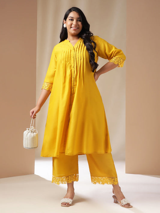 Janasya Pleated Muslin Yellow Solid Band Collar Kurta Set | Swadesiicart