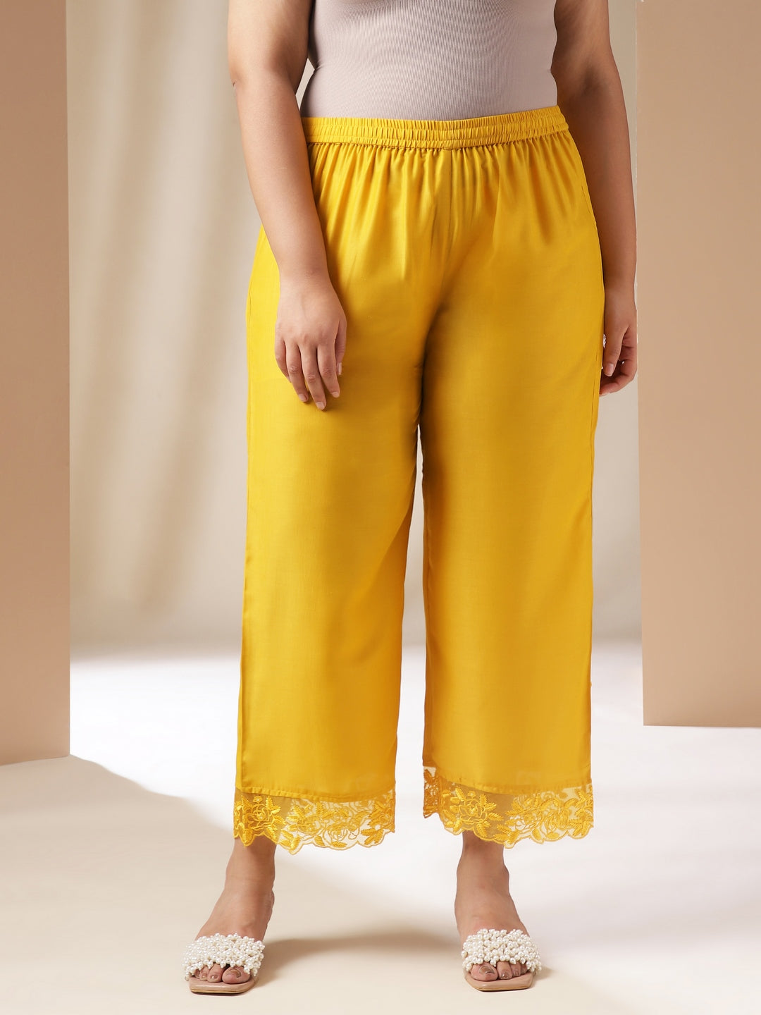 Janasya Pleated Muslin Yellow Solid Band Collar Kurta Set | Swadesiicart
