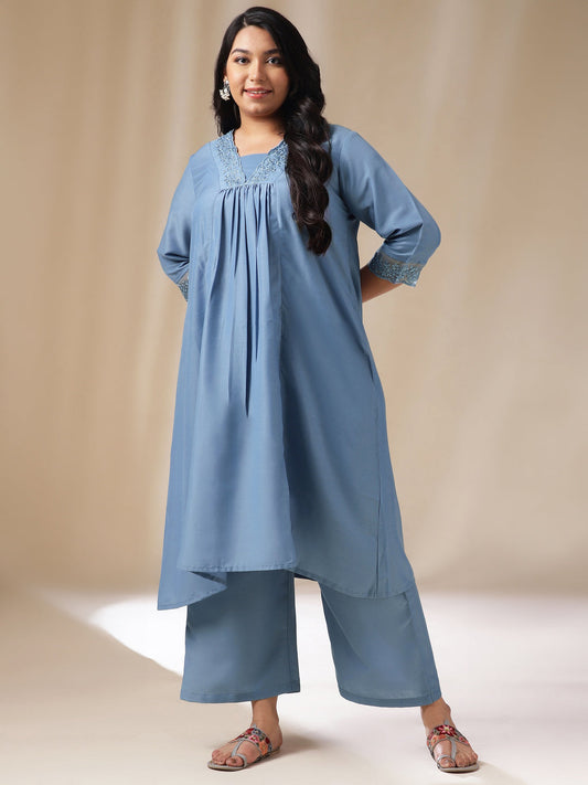 Janasya Gathering Muslin Blue Solid V-Neck Set | Swadesiicart