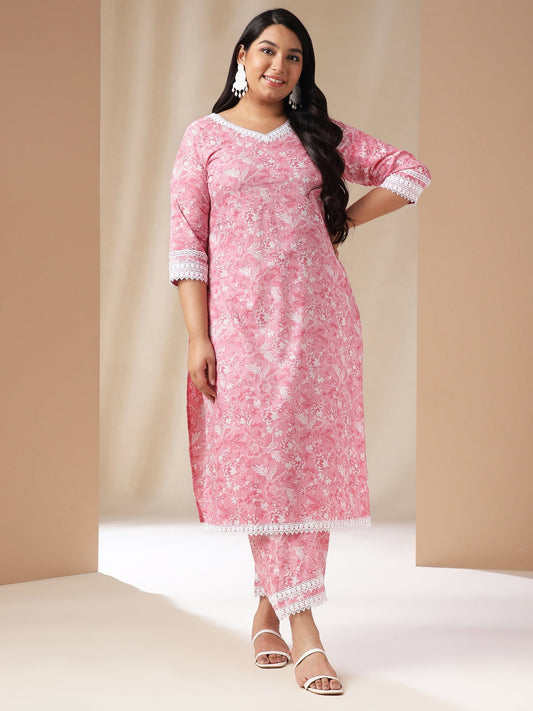 Janasya Straight Cambric Pink Floral V-Neck Set | Swadesiicart