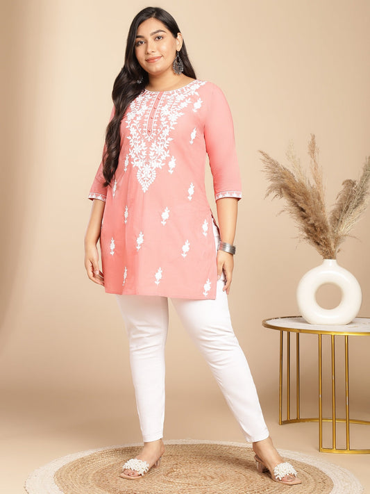 Janasya Regular Cambric Peach Embroidered Round Neck Tunic | Swadesiicart