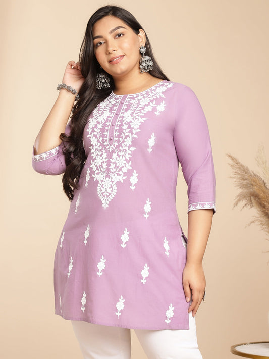 Janasya Straight Cambric Lavender Embroidered Round Neck Tunic | Swadesiicart
