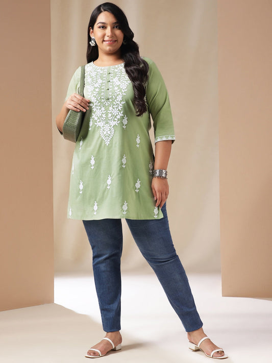 Janasya Regular Cambric Sage Embroidered Round Neck Tunic | Swadesiicart