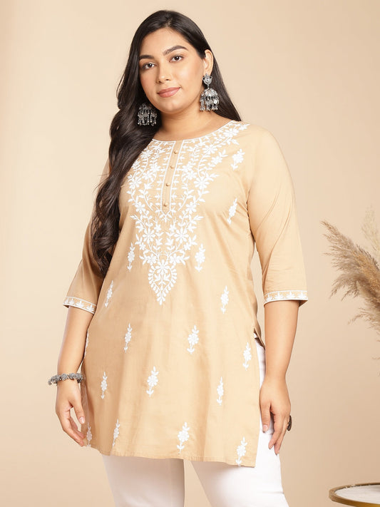 Janasya Straight Cambric Cream Embroidered Round Neck Tunic | Swadesiicart