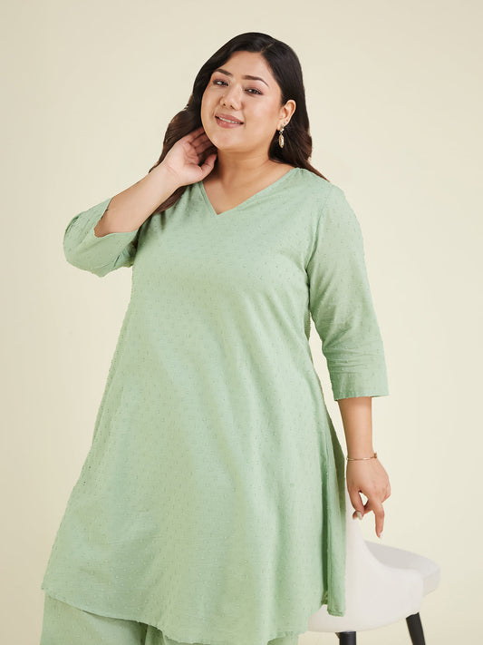 Janasya Light Dobby Cotton Self Design A-Line Top & Bottom Set | Swadesiicart