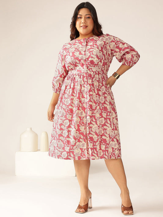 Janasya Dark Cotton Floral Gathered Dress | Swadesiicart