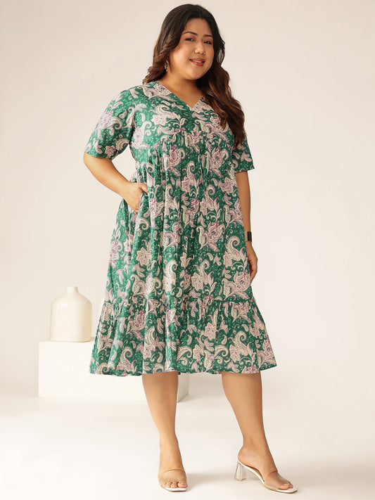 Janasya Dark Cotton Floral Tiered Dress | Swadesiicart
