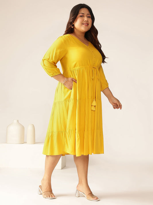 Janasya Dark Rayon Solid Tiered Dress | Swadesiicart