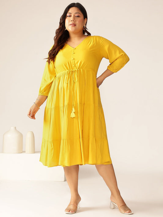 Janasya Dark Rayon Solid Tiered Dress | Swadesiicart