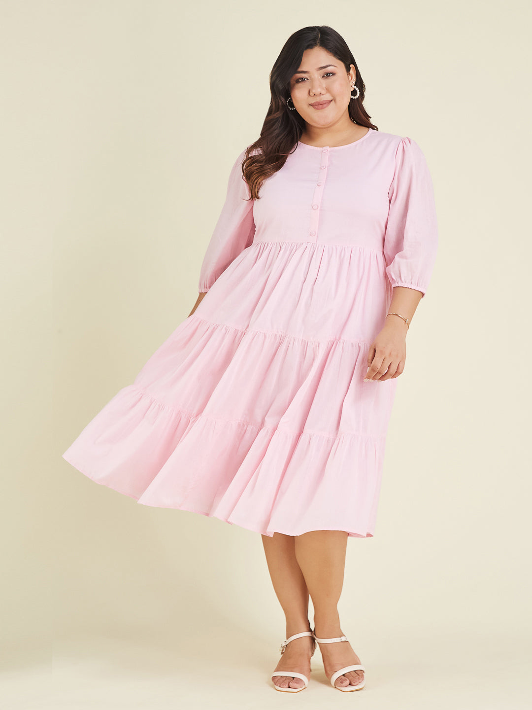 Janasya Cotton Solid Tiered Dress | Swadesiicart