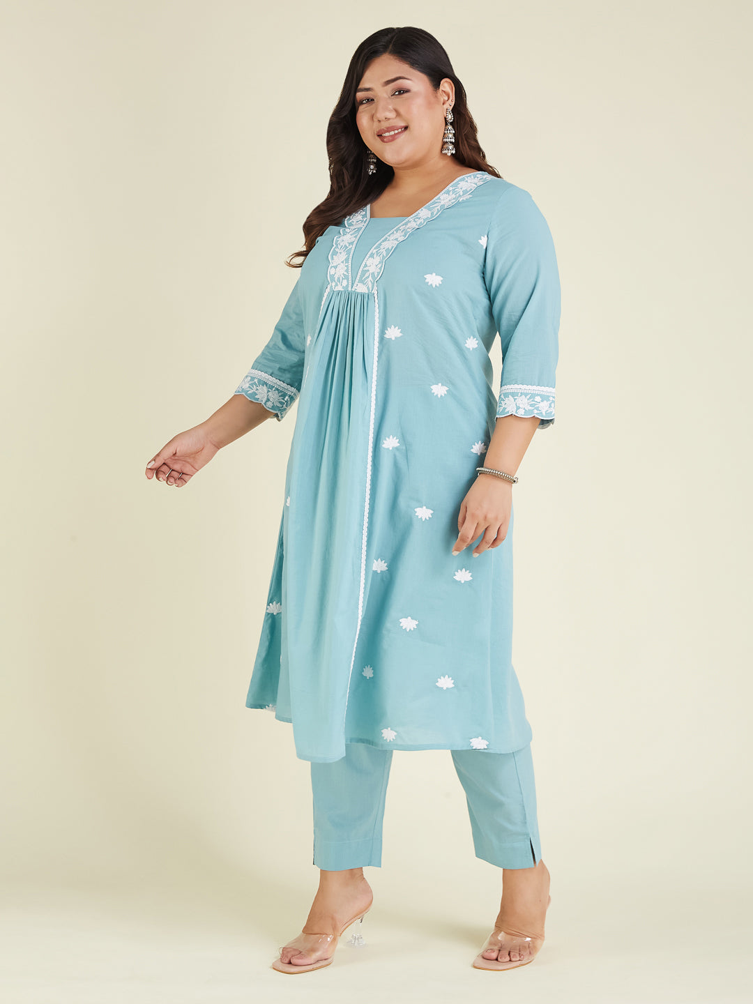 Janasya Light Cotton Embroidered A-Line Kurta Set | Swadesiicart