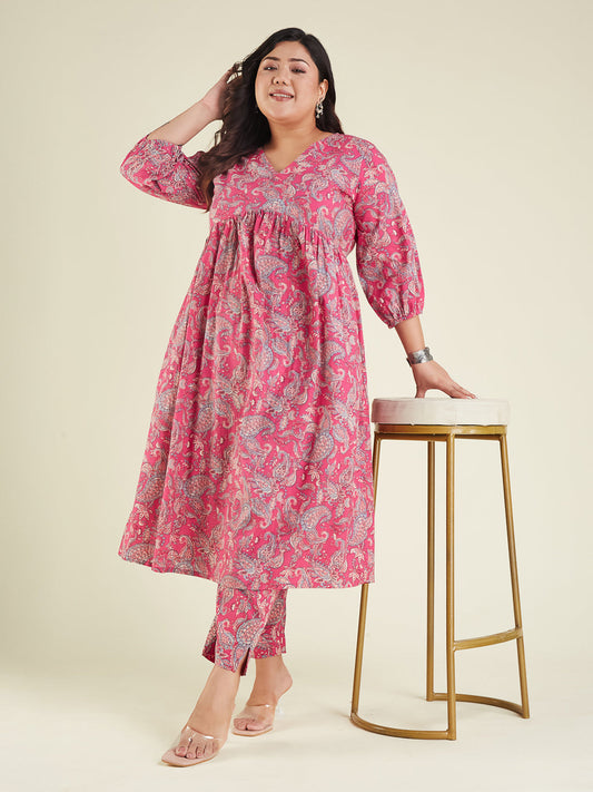 Janasya Bright Cotton Floral A-Line Kurta Set | Swadesiicart