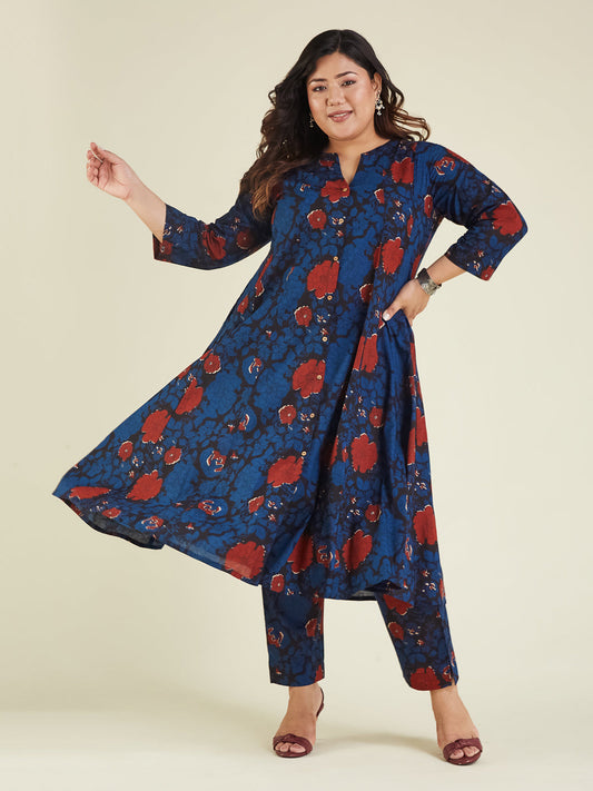 Janasya Dark Cotton Floral A-Line Kurta Set | Swadesiicart