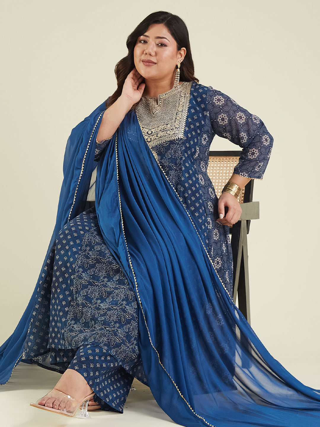 Janasya Dark Georgette Ajrakh Anarkali Kurta Set | Swadesiicart