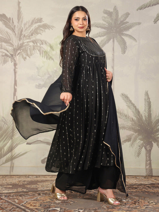 Janasya Dark Georgette Foil Print Anarkali Kurta Set | Swadesiicart