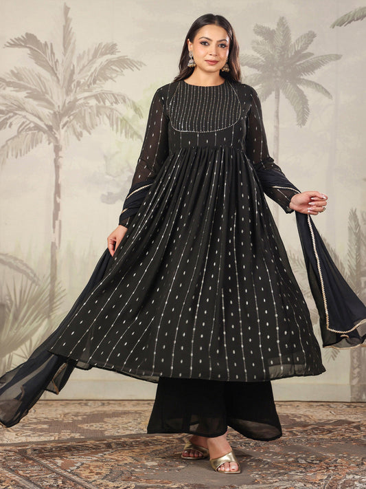 Janasya Dark Georgette Foil Print Anarkali Kurta Set | Swadesiicart