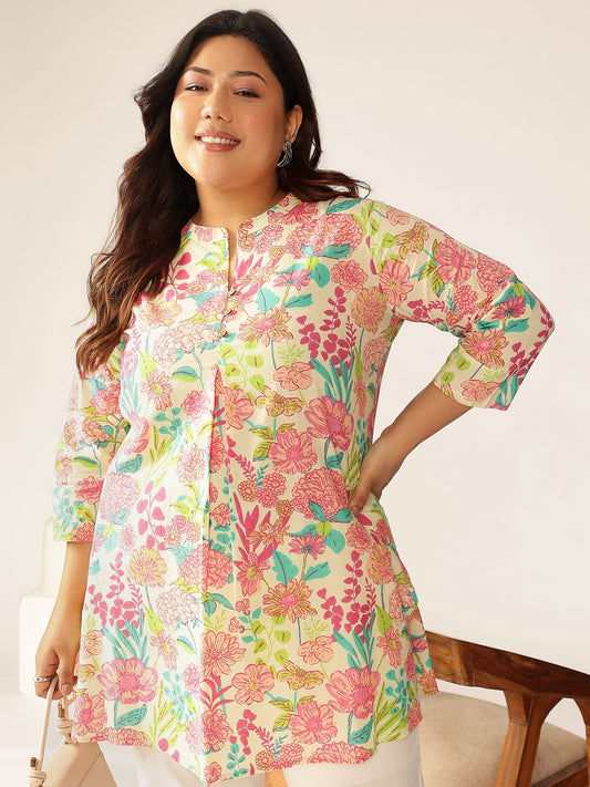 Janasya Bright Cotton Floral A-Line Tunic | Swadesiicart