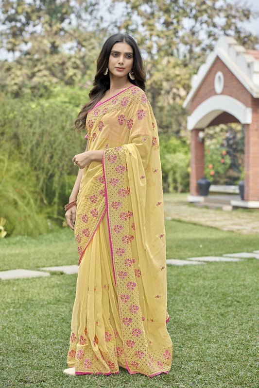 Vamsee Rashmika 2.0 Yellow Georgette Silk Saree - Swadesiicart