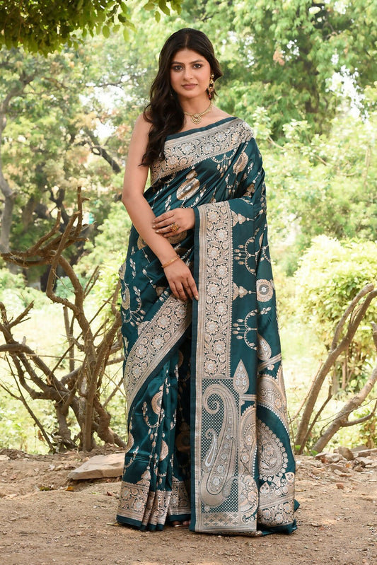 Joban Fashion Green Banarasi Soft Pure Handloom Banarasi Silk Saree | Swadesiicart