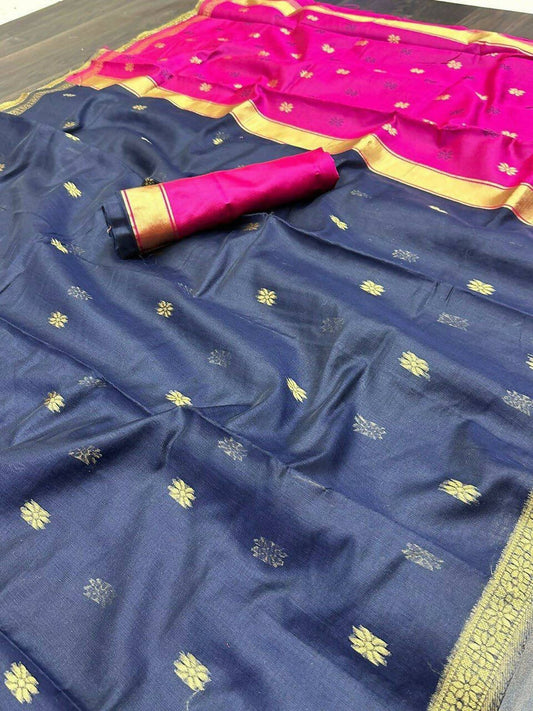DEIANA'S Beautiful Designer Golden zari Soft Cotton Saree - Blue - Swadesiicart
