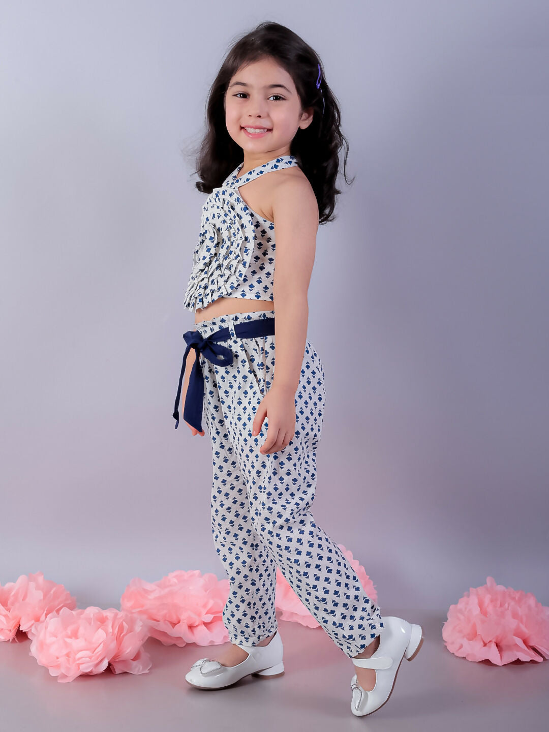 Lil Drama Jaipur Girls White Printed Top with Printed Pant Co-ordinate Set - Swadesiicart