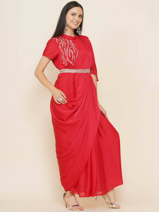 Women Republic Red Hand Embelleshed Gown With Drape