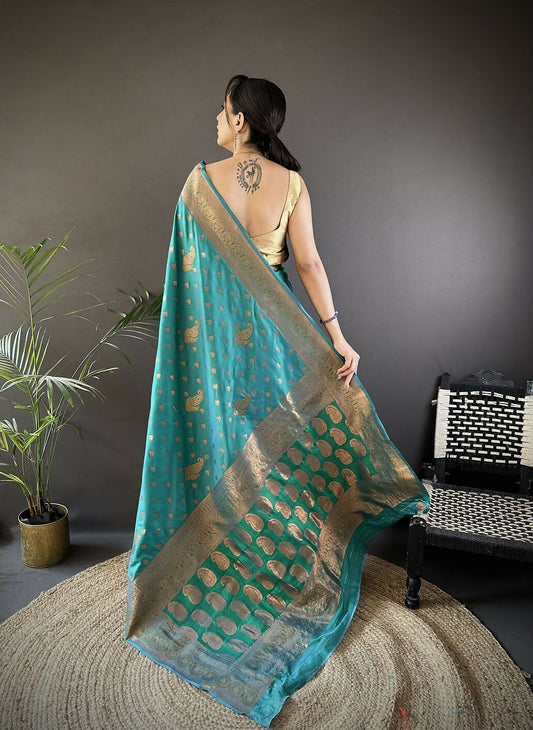 Joban Fashion Banarasi Teal Green Woven Soft Silk Saree | Swadesiicart