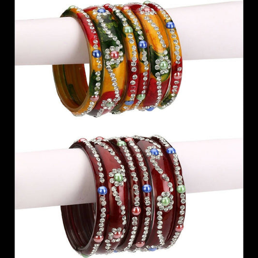 Afast Bridal Wedding & Party Fashionable Colorful Glass Bangle/Kada Set, Pack Of 12 - Yellow, Maroon - Afast Enterprises