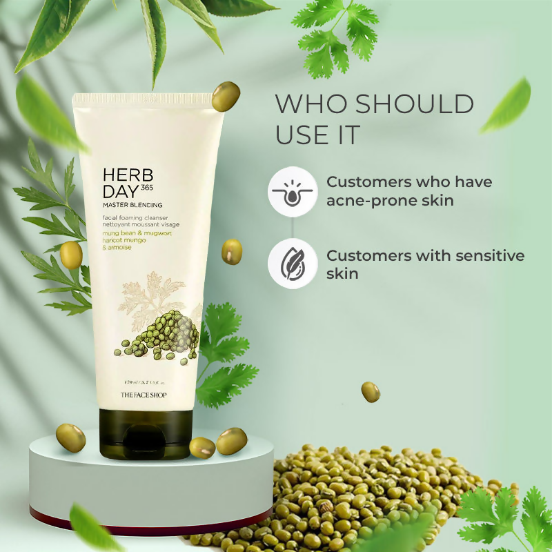 The Face Shop Herb Day 365 Master Blending Foaming Cleanser- Mungbean & Mugwort - Korean Skincare | Swadesiicart