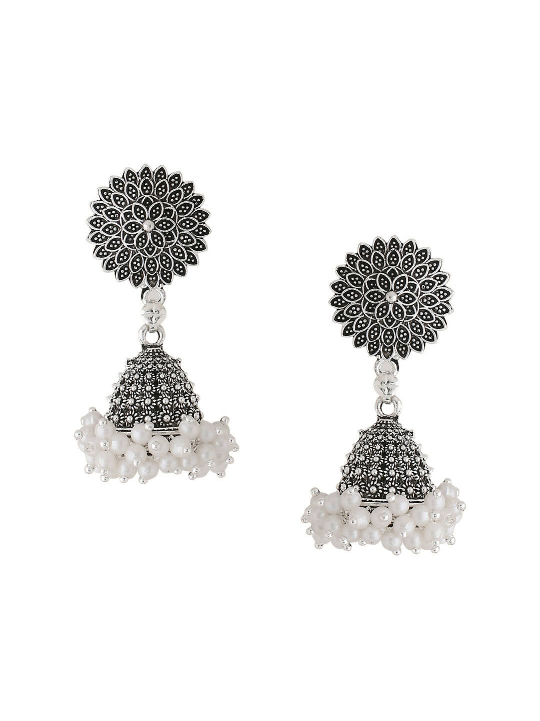NVR Women Silver Toned Dome Shaped Jhumkas Earrings | Swadesiicart